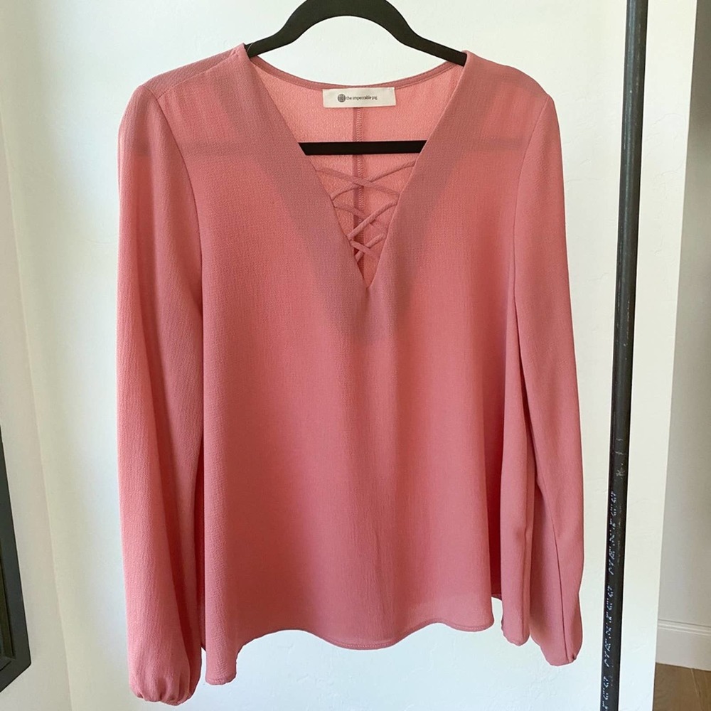 THE IMPECCABLE PIG Women's Dusty Pink Crepe Long Sleeve Caged V-Neck Blouse sz S